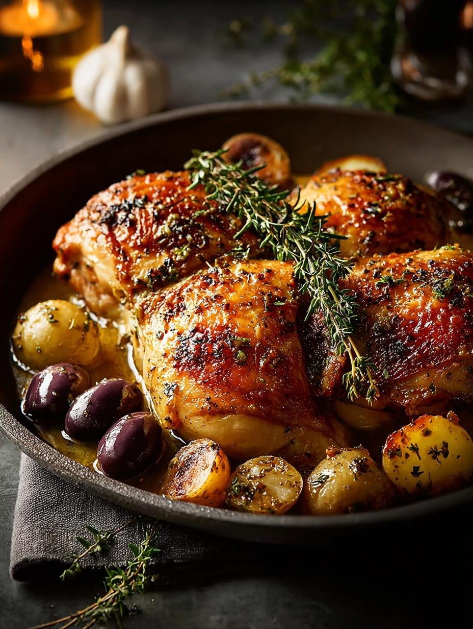 Close-up van sappige Roast Chicken with Mustard met een lepel mosterd-druivensaus en verse tijm
