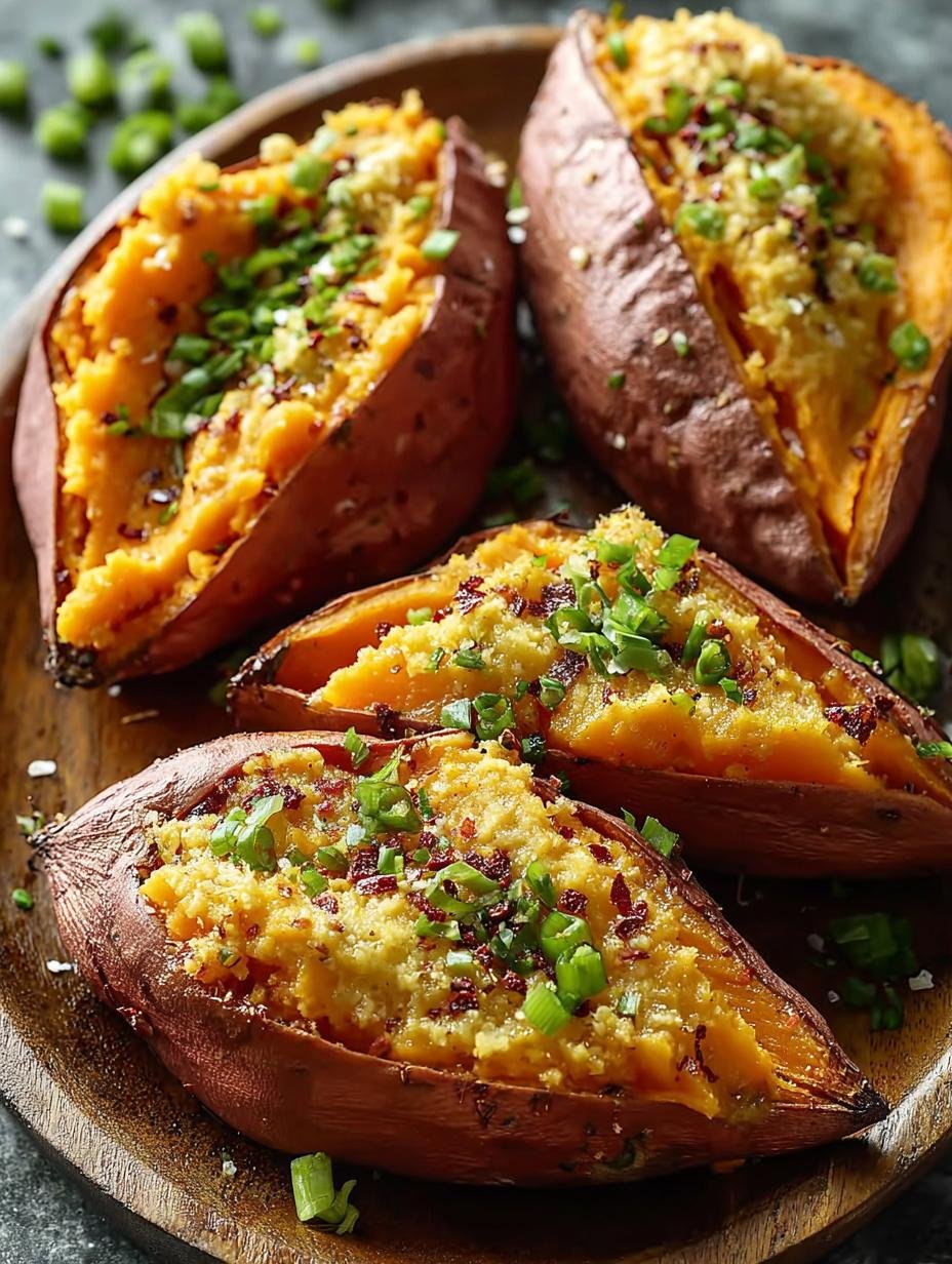 Heerlijke Geroosterde Japanse Zoete Aardappelen met miso-boter en bosui, klaar om te serveren