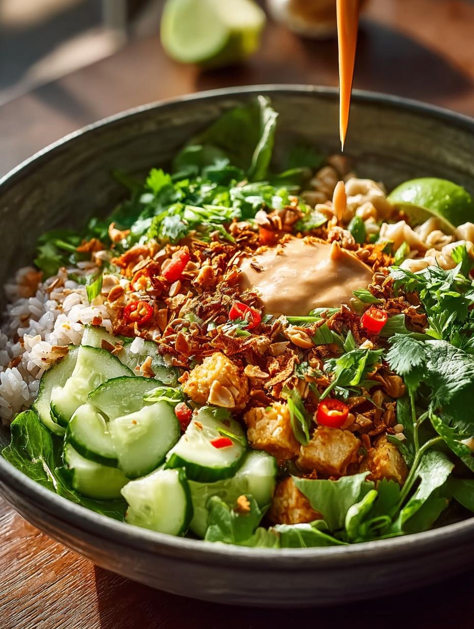Levendige Satay Crispy Rice Salad met krokante rijst, kip, verse groenten en romige pindadressing