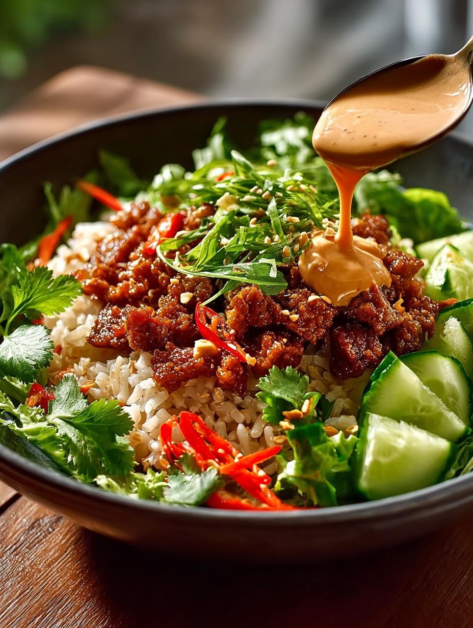 Close-up van een portie Satay Crispy Rice Salad met zichtbare krokante rijst, kip en verse koriander