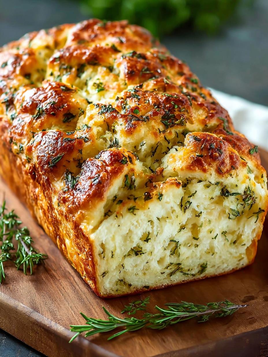 Heerlijk gesneden Savory Herb Cheese Bread met gesmolten kaas en verse kruiden, klaar om te serveren