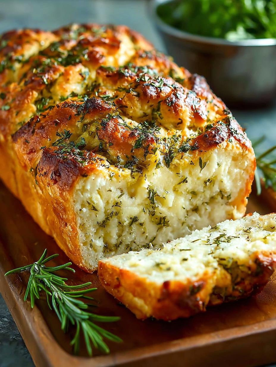 Close-up van een versgebakken Savory Herb Cheese Bread met een goudbruine korst en gesmolten kaas