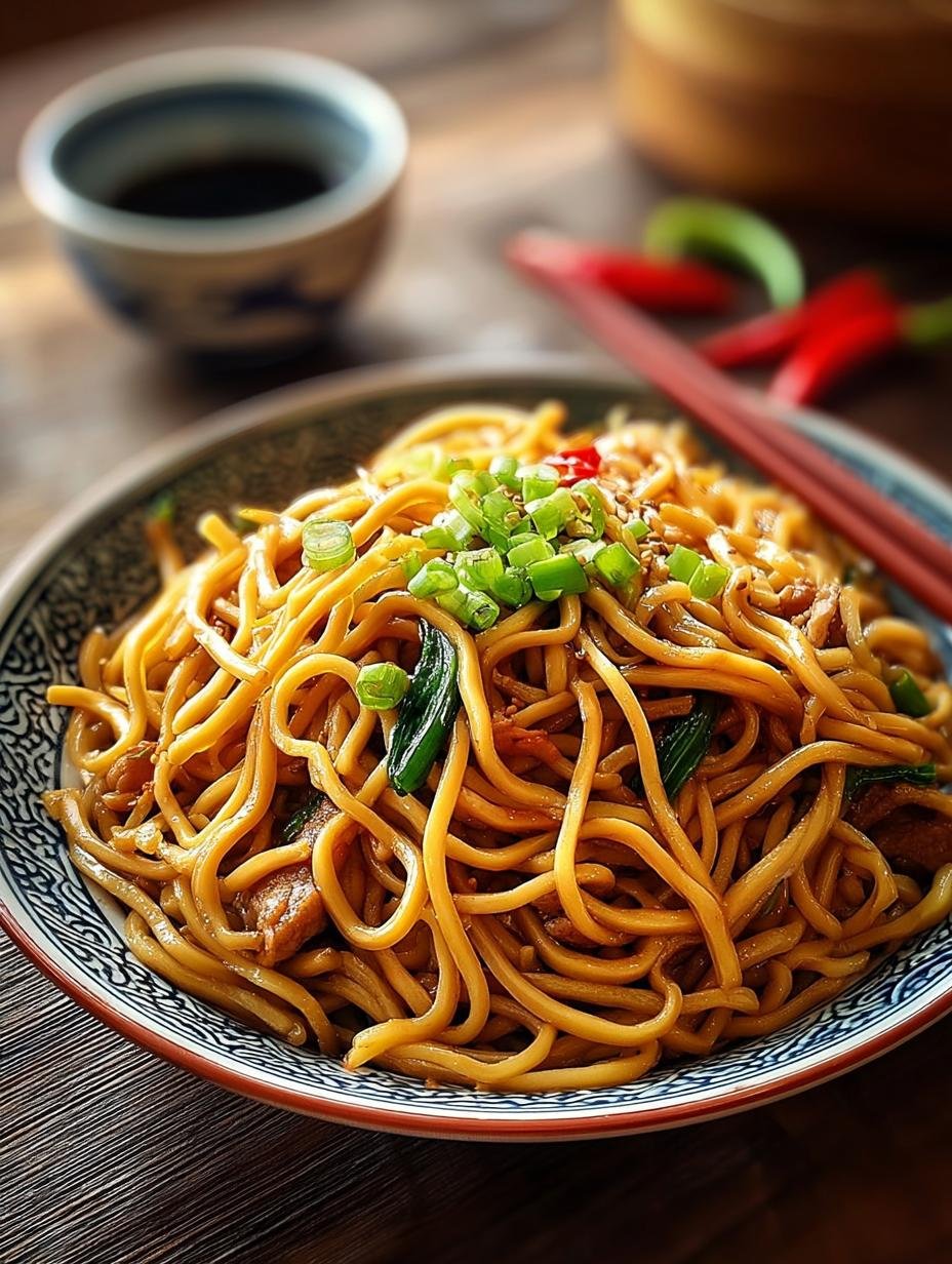 Heerlijke Authentieke Shanghai Noodles met varkensvlees en groenten, klaar om te serveren