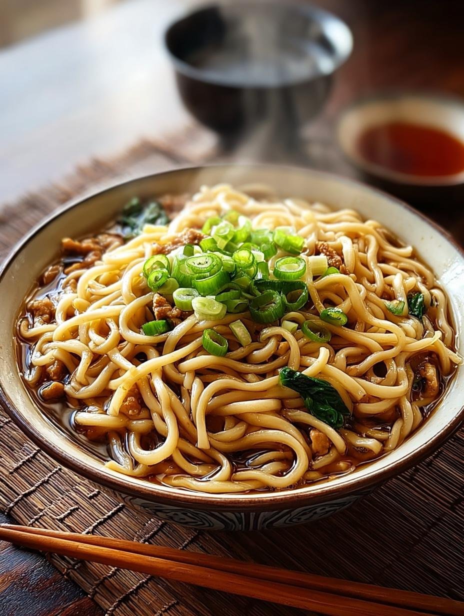 Close-up van Authentieke Shanghai Noodles met varkensvlees, kool en shiitake paddenstoelen
