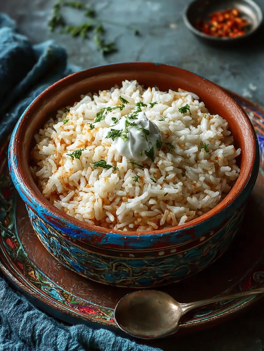 Close-up van Shola Afghan Savoury Sticky met mungbonen en kruiden, een traditioneel Afghaans gerecht.