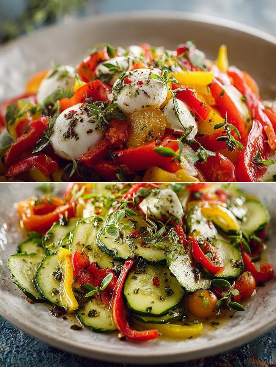 Fantastische Sommer Paprika Zucchini Salat in 30 Min - Sommer Paprika Zucchini Salat - een close-up van de kleurrijke salade met geroosterde paprika, courgette en romige burrata