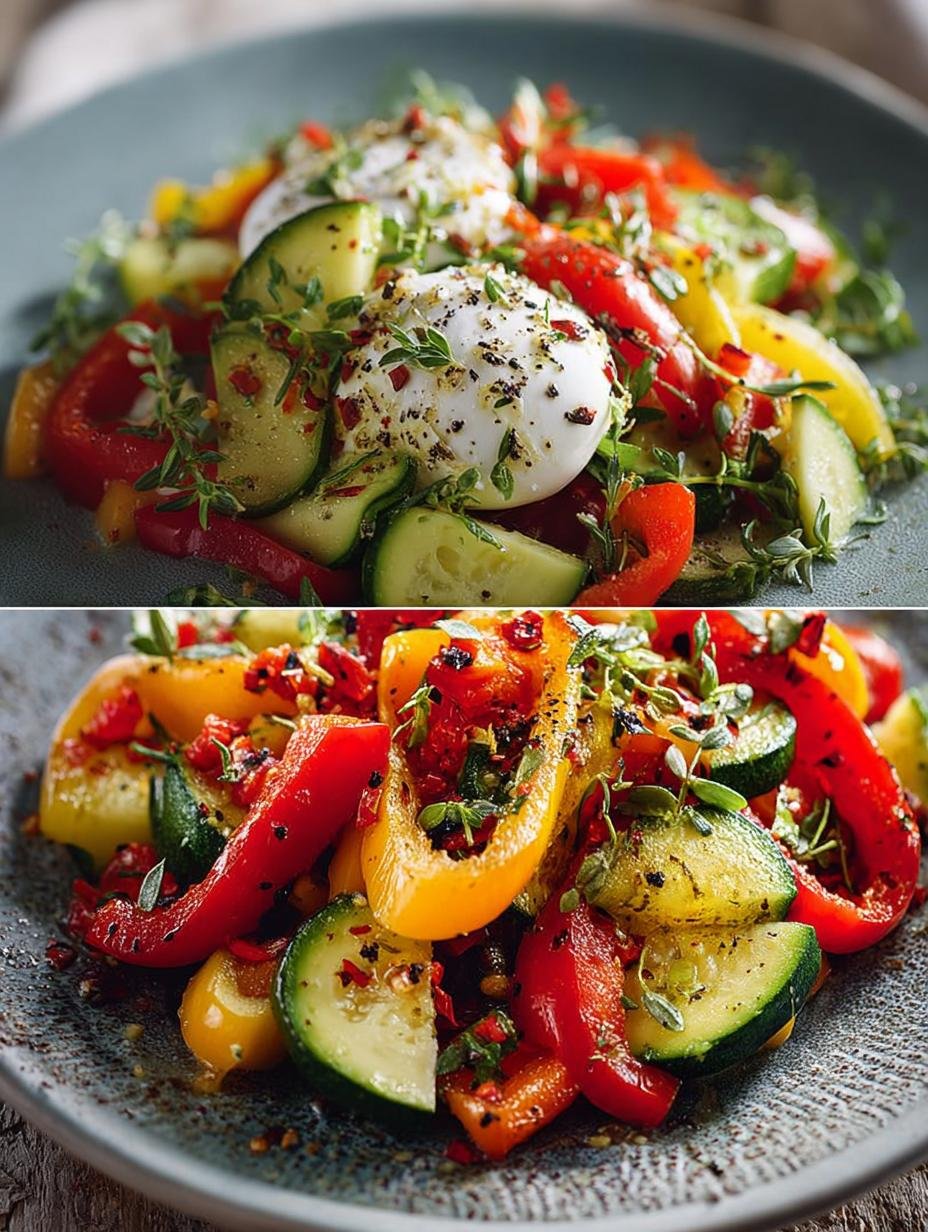 Fantastische Sommer Paprika Zucchini Salat in 30 Min - Sommer Paprika Zucchini Salat - een portie salade met burrata en basilicum op een bord