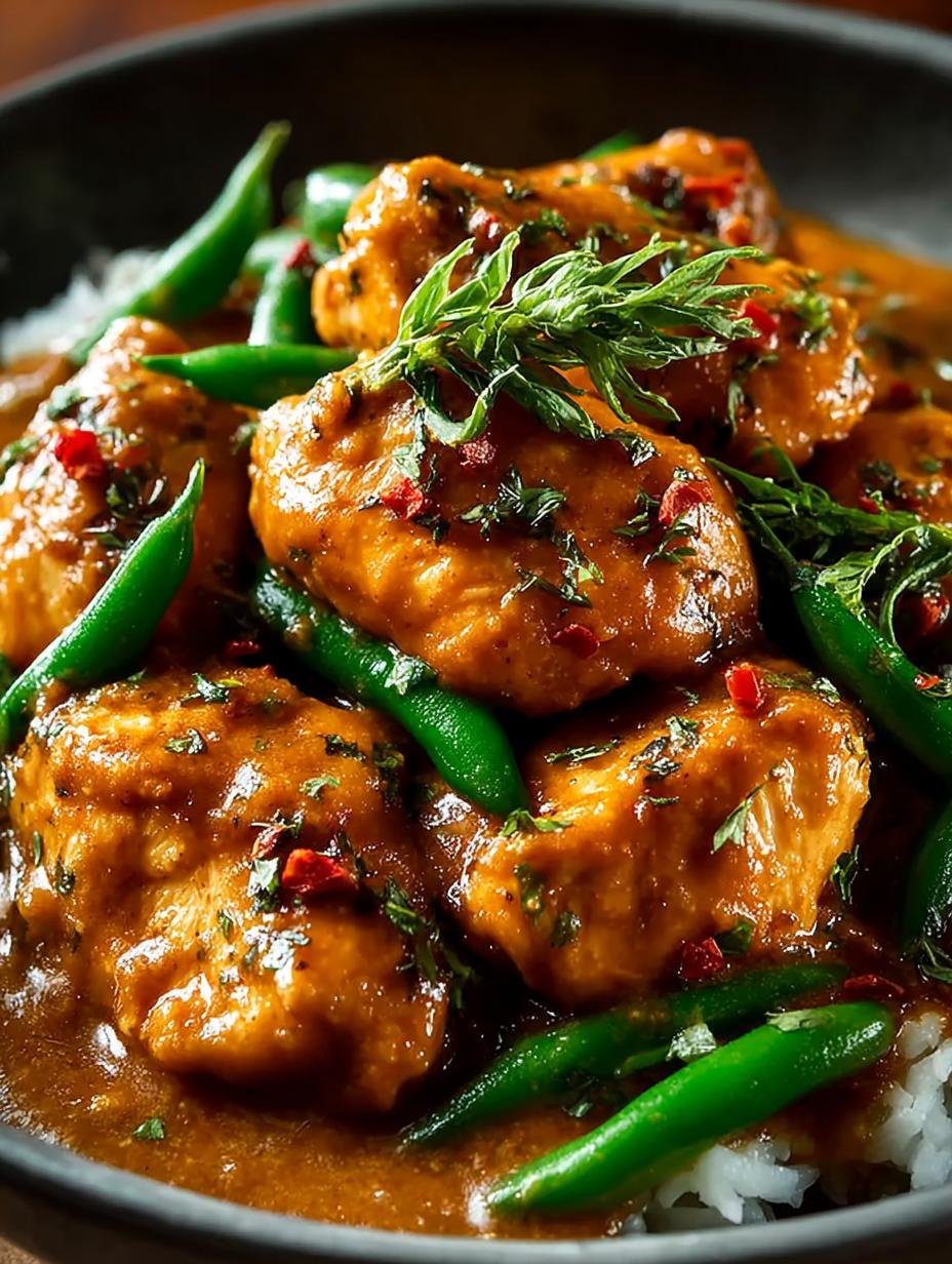 Verrukkelijke Spicy Peanut Butter Chicken geserveerd met rijst en verse koriander, klaar om te eten