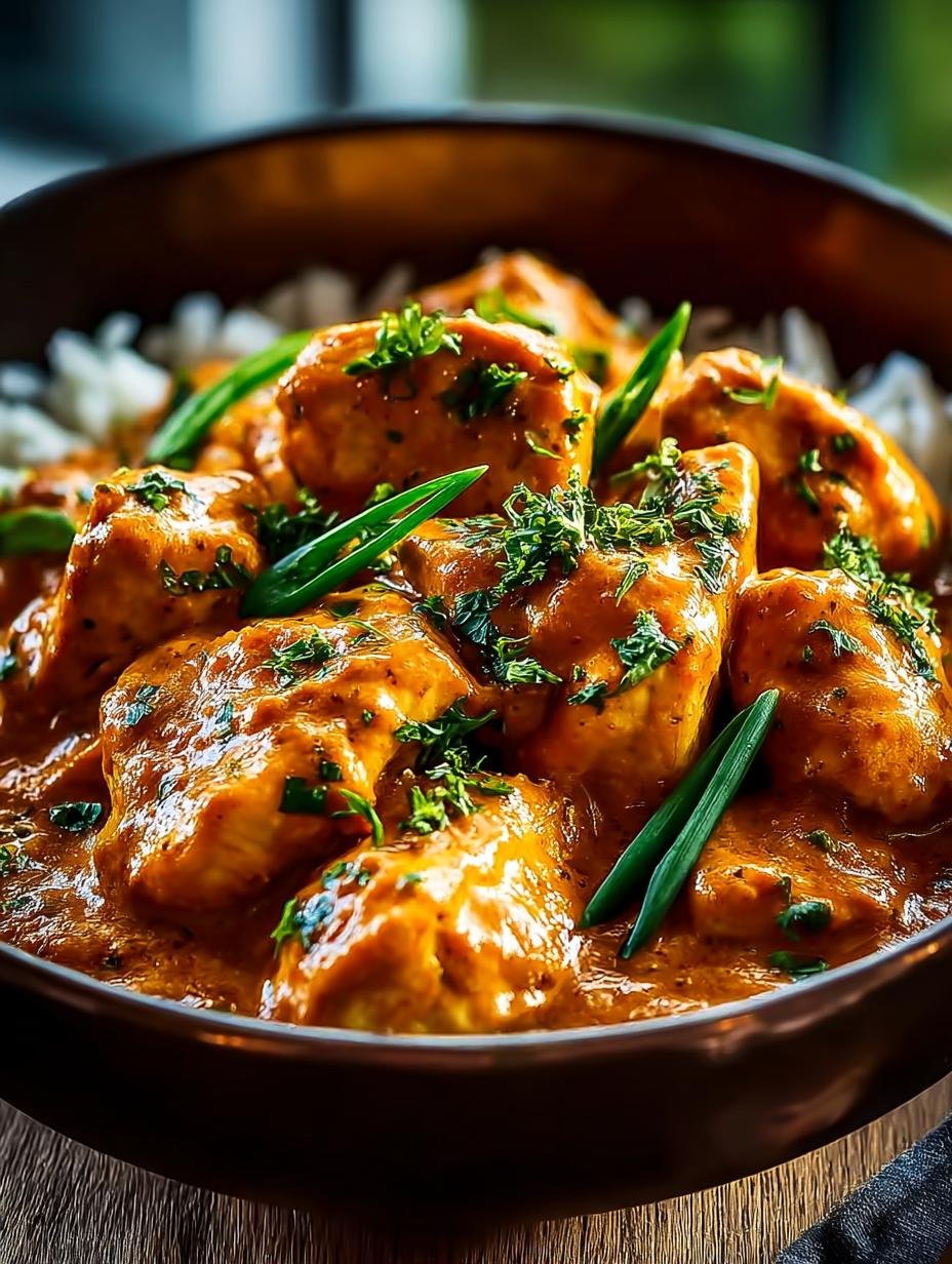 Close-up van Spicy Peanut Butter Chicken met een romige saus en lente-uitjes, perfect voor een snelle maaltijd