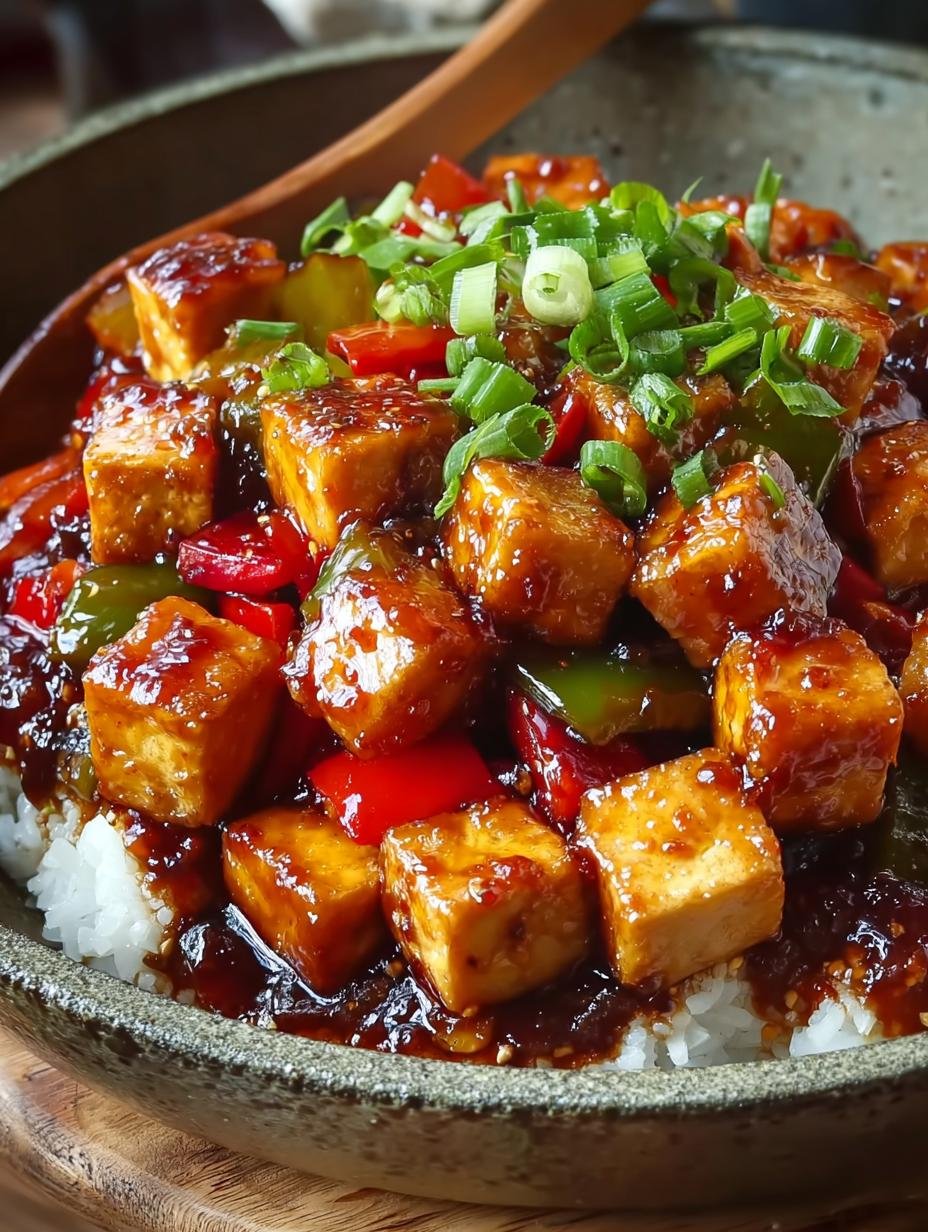 Heerlijke Sweet Sour Tofu met krokante textuur en levendige saus geserveerd met rijst