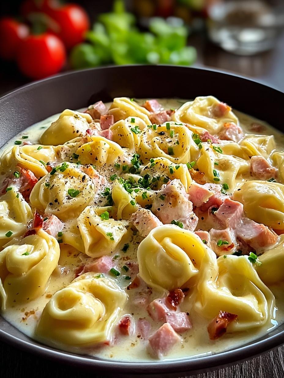 Heerlijke Romige Tortellini Haehnchenhaehnchenschinken Sahne Sosse in een kom, klaar om te serveren