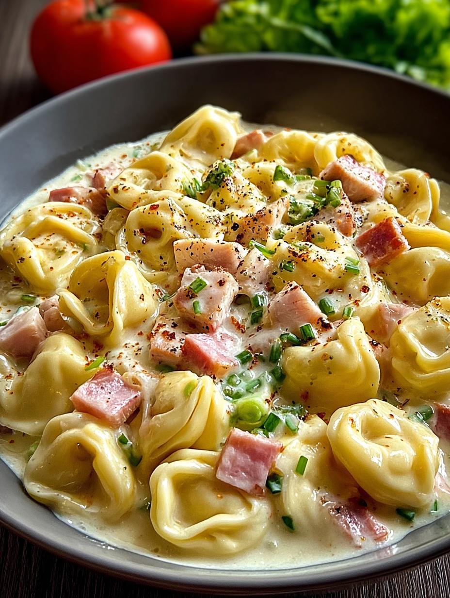 Close-up van Romige Tortellini Haehnchenhaehnchenschinken Sahne Sosse met peterselie garnering