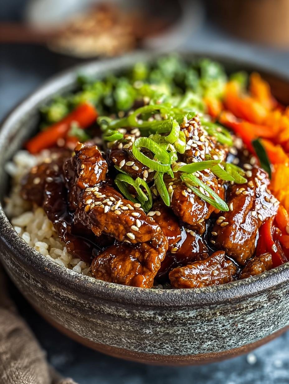 Close-up van de heerlijke Vegan Bulgogi in een pan, rijk aan saus en sesamzaadjes