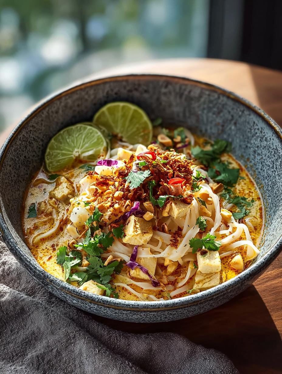Heerlijke Vegan Khao Soi met knapperige noedels en verse koriander, klaar om te serveren