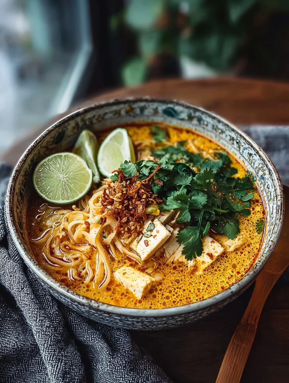 Close-up van romige Vegan Khao Soi met toppings en limoenpartje