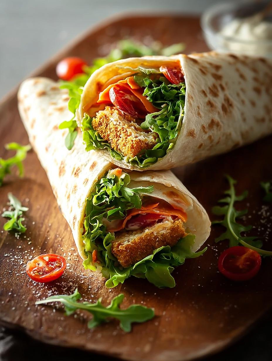 Close-up van een perfect gerolde Vegan Snack Wrap, gevuld met knapperige tofu en verse groenten