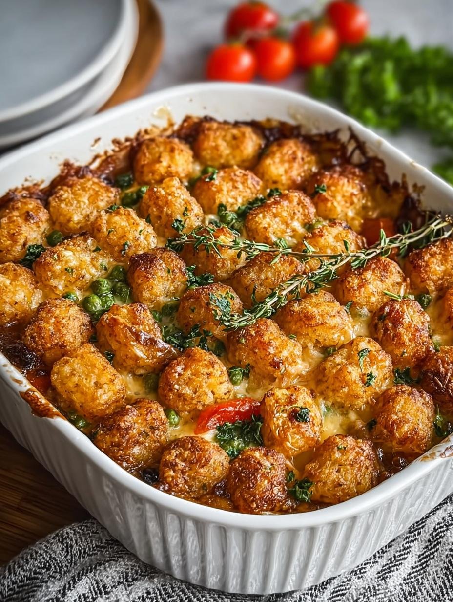 Wreed lekkere Vegan Tater Tot Casserole in 10 stappen - Vegan Tater Tot Casserole - close-up van de knapperige tater tots