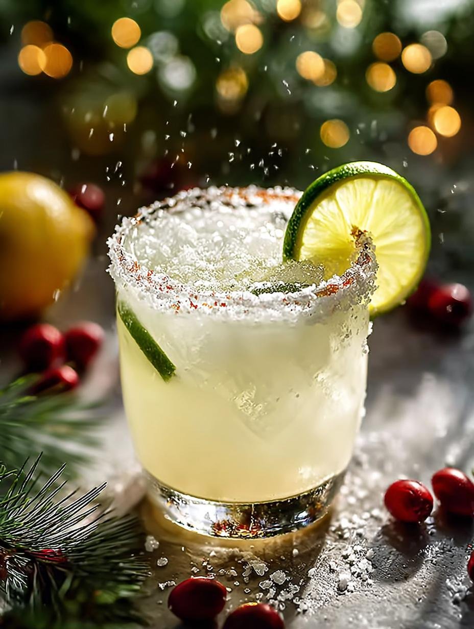 Close-up van de romige textuur van de White Christmas Margarita met kokosrand en veenbessen