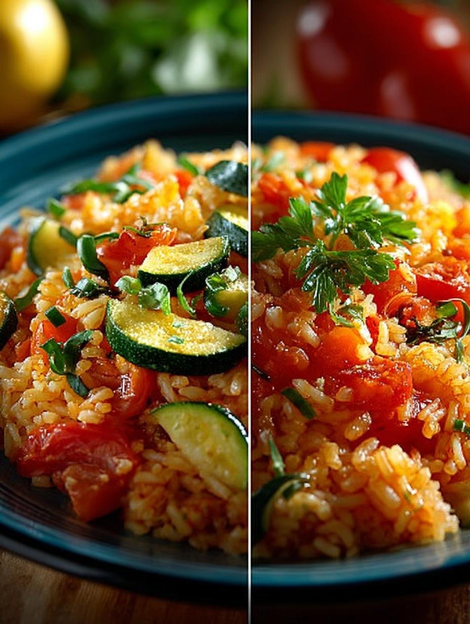 Heerlijke Zucchini Tomaten Reis Mein in een pan, klaar om geserveerd te worden