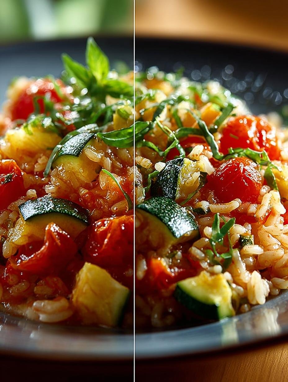 Close-up van Zucchini Tomaten Reis Mein met verse kruiden en een lepel