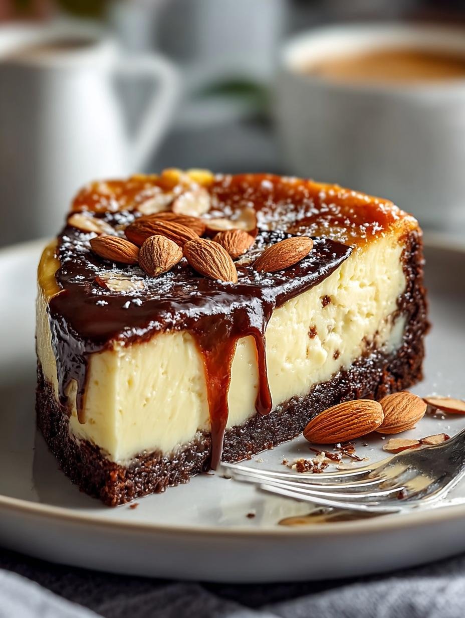 Close-up van een plak Amandel Brownie Baskische Cheesecake met een perfecte textuur en karamel drizzle