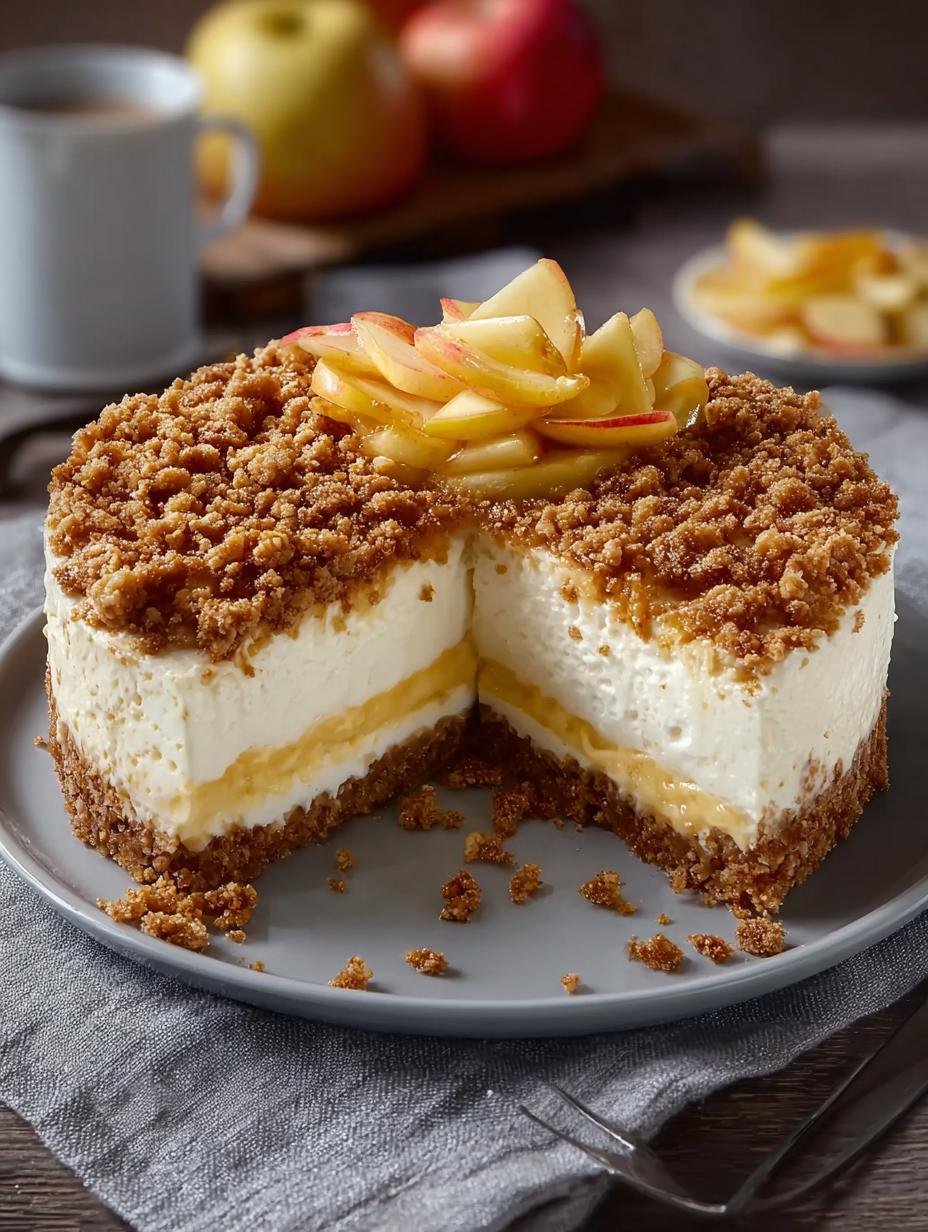 Close-up van een plak Apple Crumble Cheesecake Bake met een dikke laag appelvulling en knapperige kruimels.