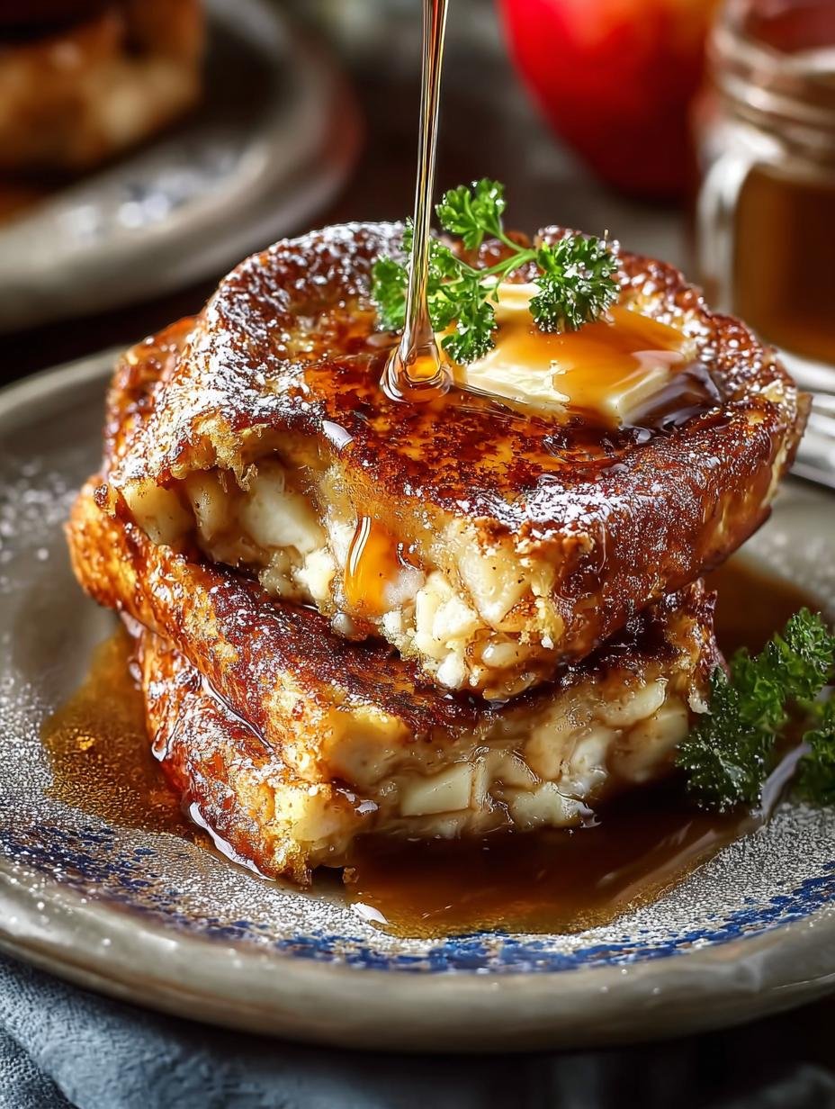 Close-up van de goudbruine Gebakken Kaneel Appelboter Wentelteefjes in een ovenschaal, klaar om geserveerd te worden