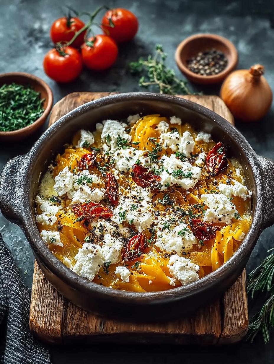 Heerlijke Baked Feta Pasta met romige feta, geroosterde pompoen en verse kruiden, klaar om te serveren.