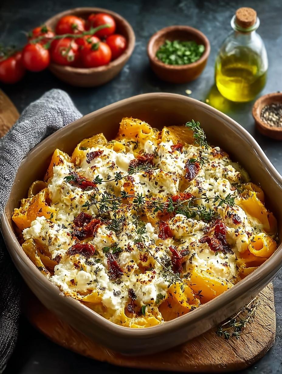 Close-up van romige Baked Feta Pasta met pompoen en verse kruiden, klaar om te eten.