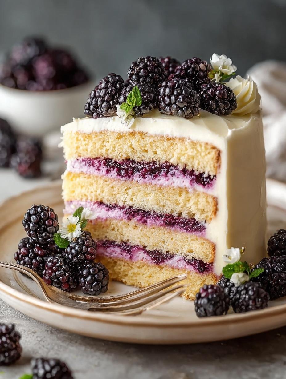 Close-up van een plak Bramen Laagjescake met paarse vulling en botercrème, klaar om te serveren