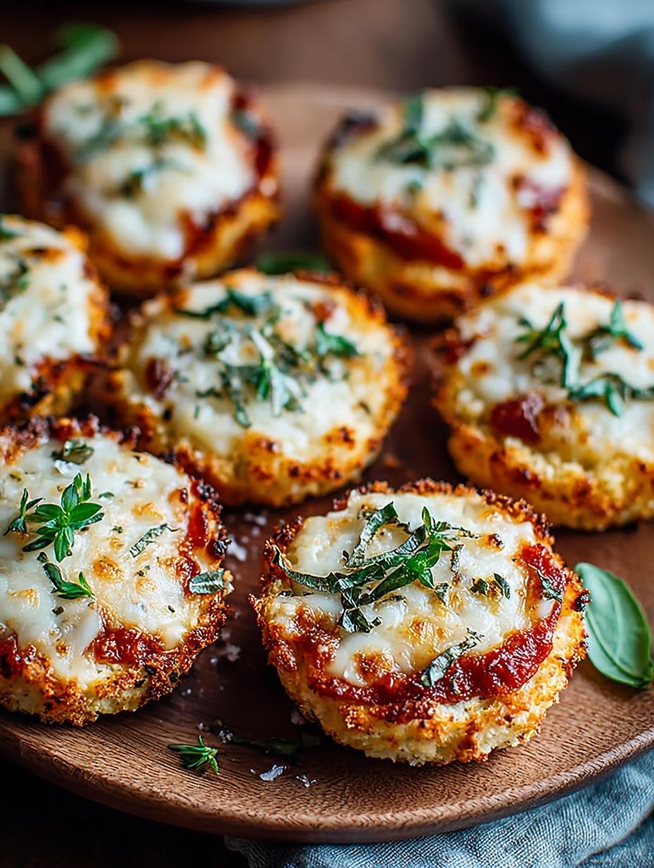 Close-up van Bloemkool Pizza Bites Keto met gesmolten kaas en verse basilicum