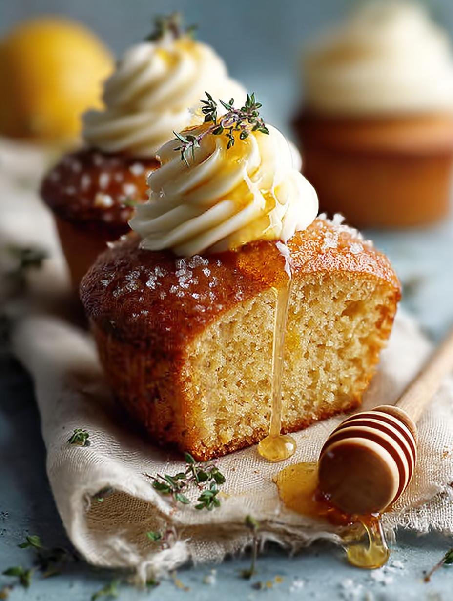 Close-up van een Brown Butter Honey Lemon cakeje, vers gebakken en besprenkeld met citroentijm.