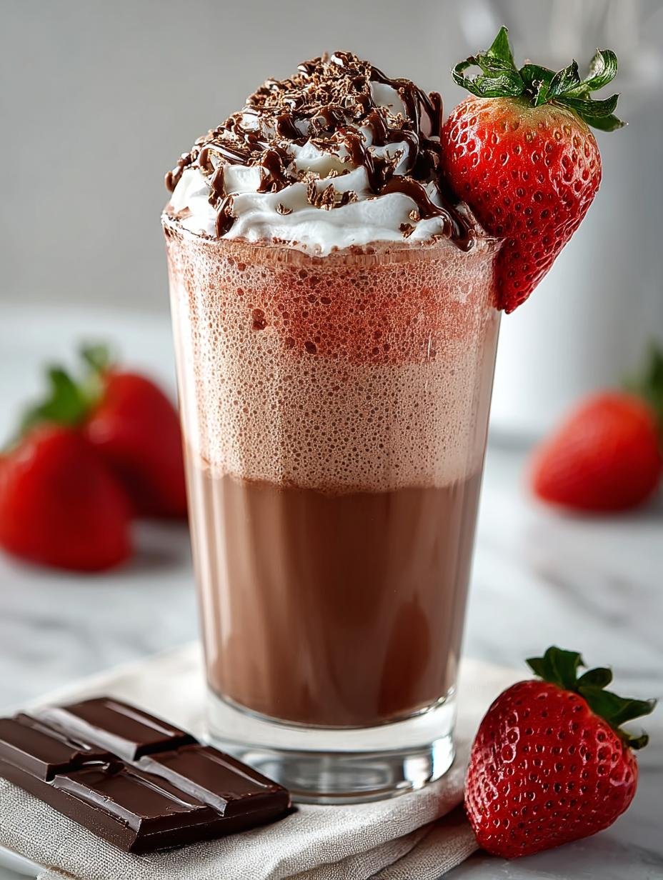 Heerlijke Chocolate Covered Strawberry Shakes geserveerd in glazen met verse aardbeien en chocoladeschaafsel