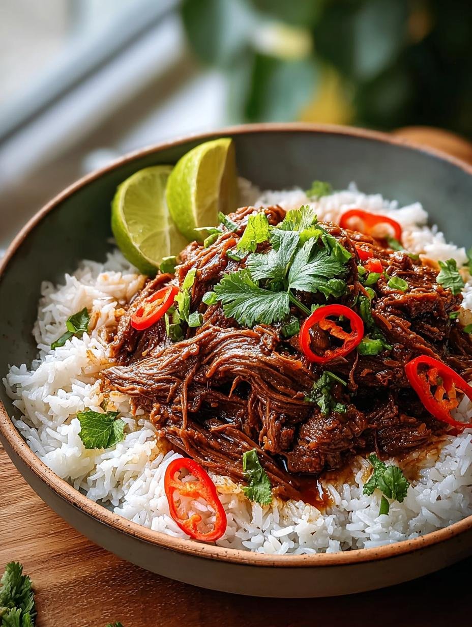 Verrukkelijke Coconut Curry Shredded Beef geserveerd met rijst en verse koriander