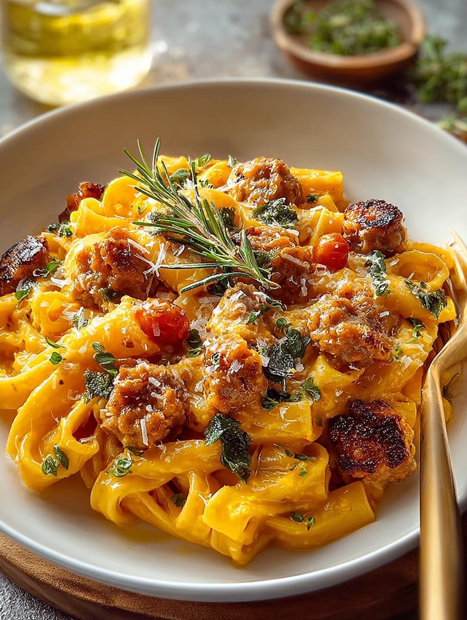 Verrukkelijke Romige Pompoen Worst Pasta in 40 min - Creamy Pumpkin Sausage Pasta - een close-up van de romige pasta in een pan, klaar om geserveerd te worden