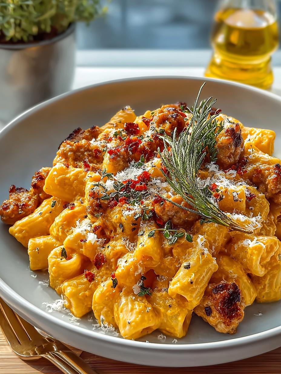 Verrukkelijke Romige Pompoen Worst Pasta in 40 min - Creamy Pumpkin Sausage Pasta - een portie pasta in een diep bord, gegarneerd met verse kruiden