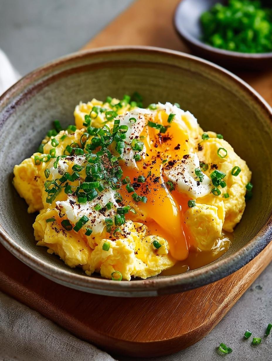 Verrukkelijke Dashi Scrambled Eggs geserveerd op een bedje van rijst met zalmsnippers en bieslook, klaar om van te genieten
