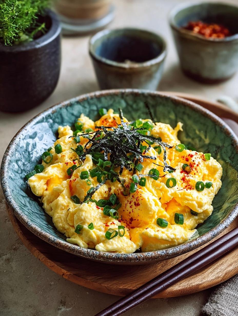Close-up van perfect gegaarde Dashi Scrambled Eggs met een romige textuur en verse bieslook, klaar om te serveren