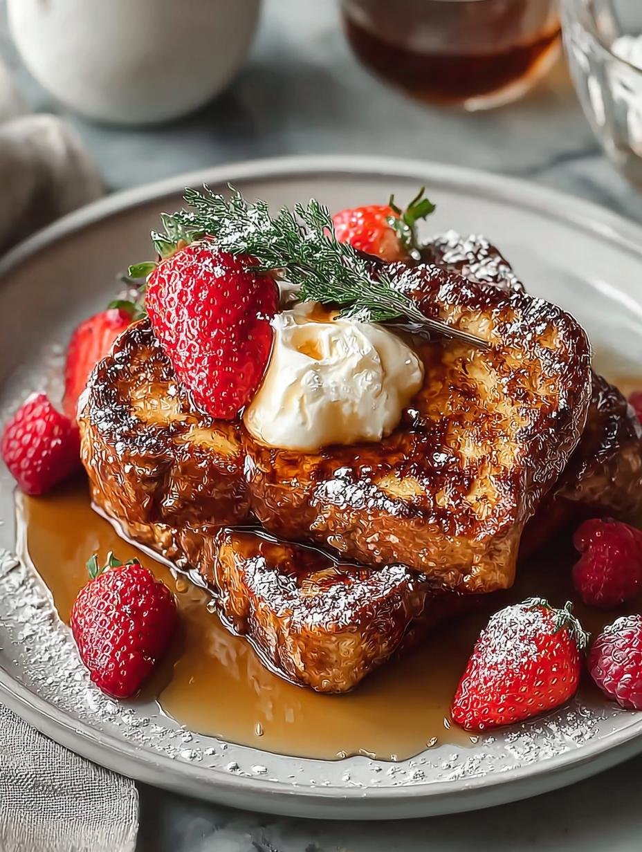 Heerlijke Earl Grey Custard French Toast met verse bramen en slagroom, klaar om te serveren