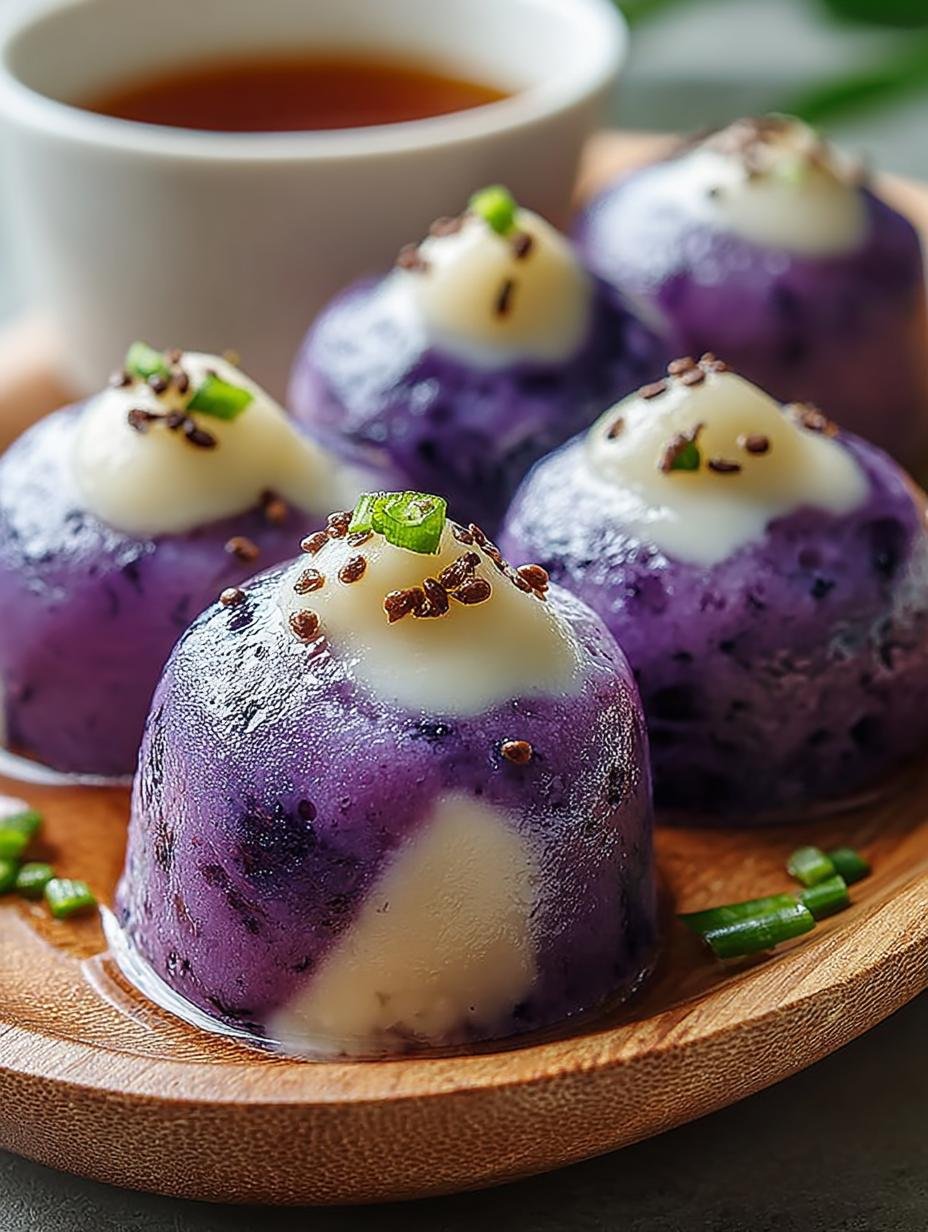 Close-up van perfect gestoomde Filipino Ube Puto met kaas en kokos toppings