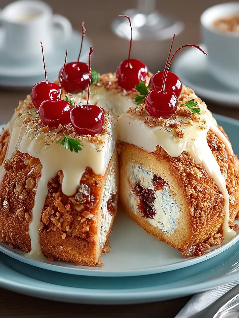 Close-up van een plak Frankfurter Kranz Klassieker, met zichtbare lagen van cake en botercrème, gegarneerd met kersen en amandelkrokantje.