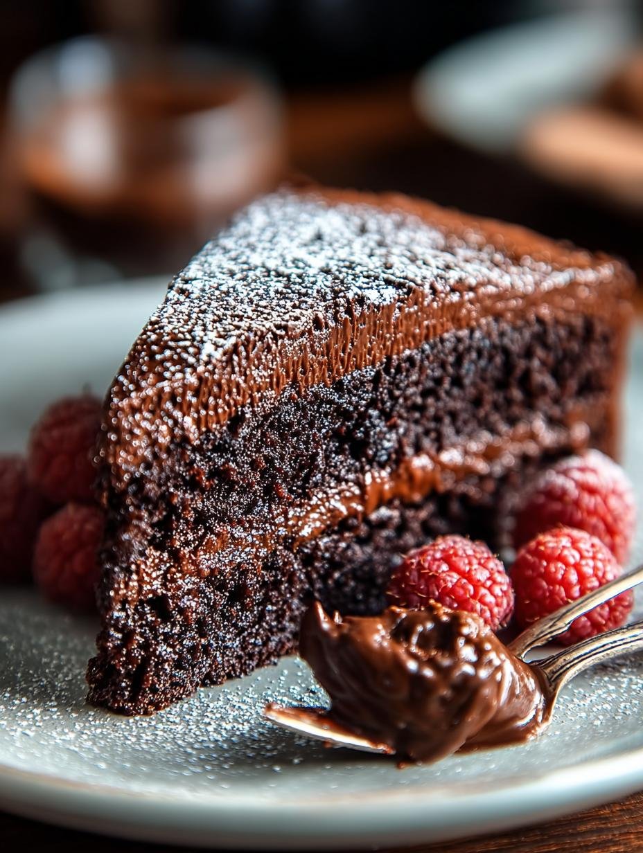 Geweldig Fudgy Schokoladenkuchen Recept: 1 Geheim! - Fudgy Schokoladenkuchen Rezept Lecker - een perfect gebakken, rijke fudgy chocoladecake bestrooid met poedersuiker op een houten plank