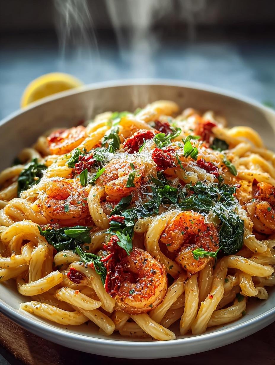 Heerlijke Garlicky Calabrian Chili Pasta met garnalen en verse kruiden, klaar om te serveren