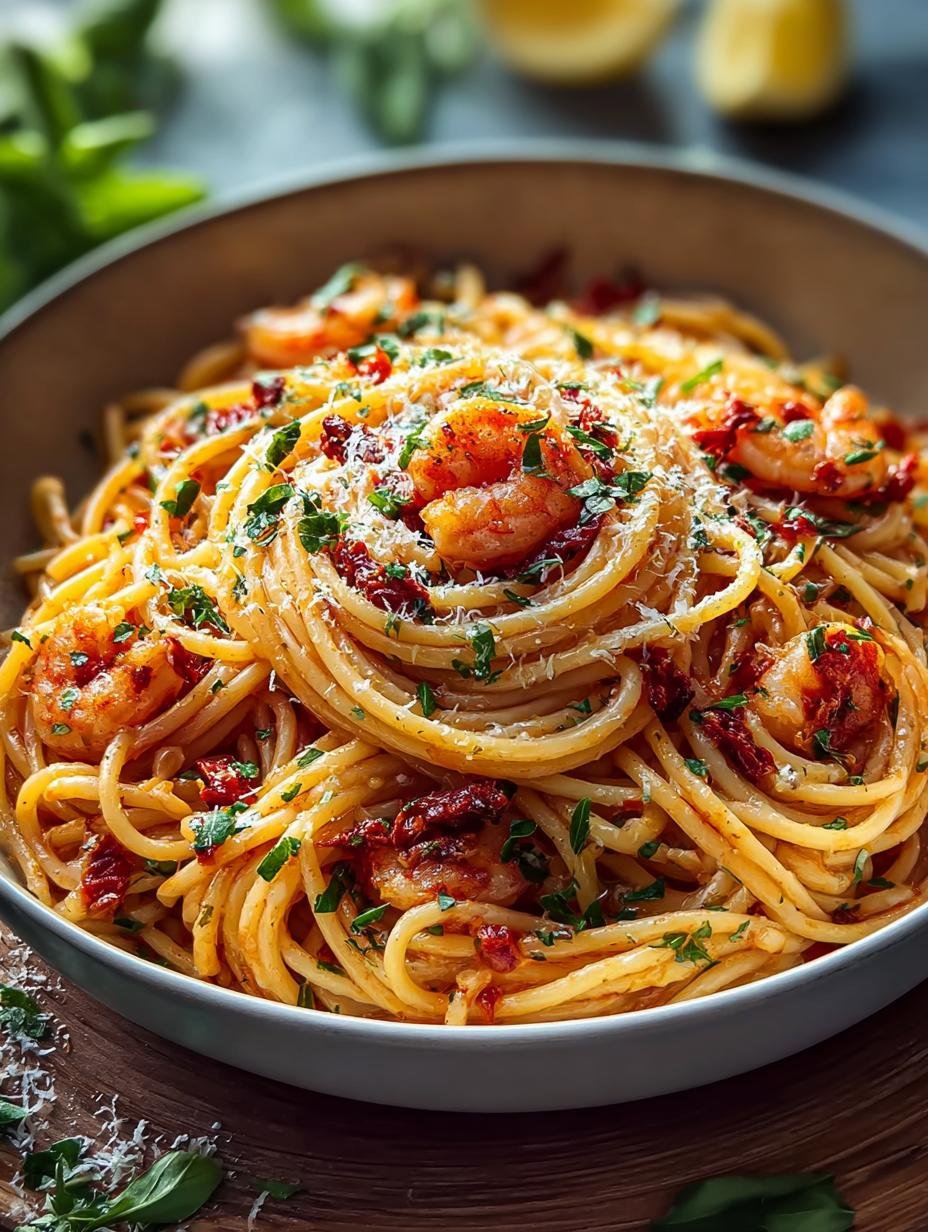 Close-up van Garlicky Calabrian Chili Pasta met garnalen, bestrooid met verse peterselie