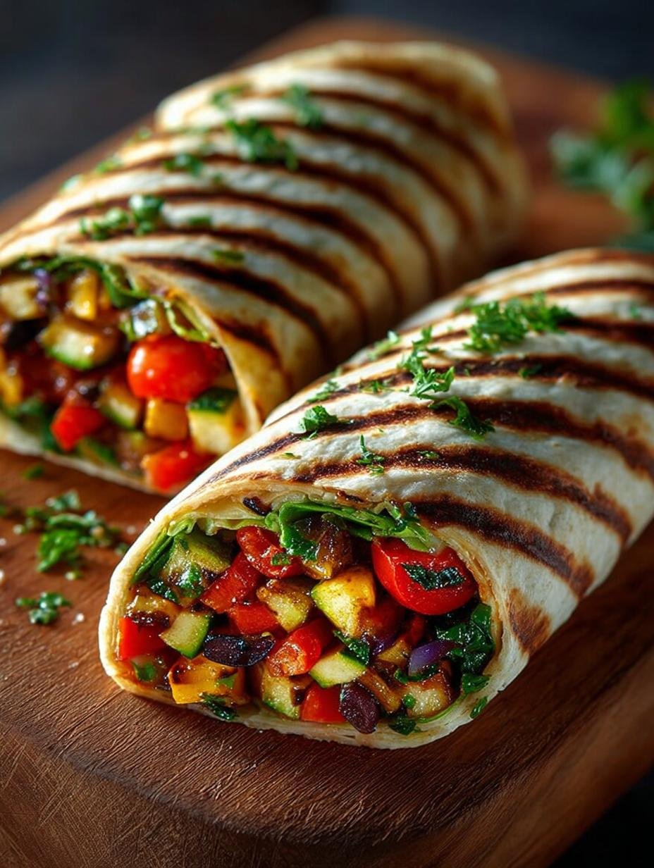 Close-up van een perfect opgerolde Gegrillte Veggie Wrap, gevuld met kleurrijke gegrilde groenten en hummus