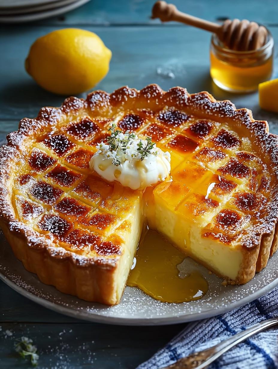 Heerlijke Griekse Honing Ricotta Taart, vers gebakken en bestrooid met kaneel, klaar om te serveren