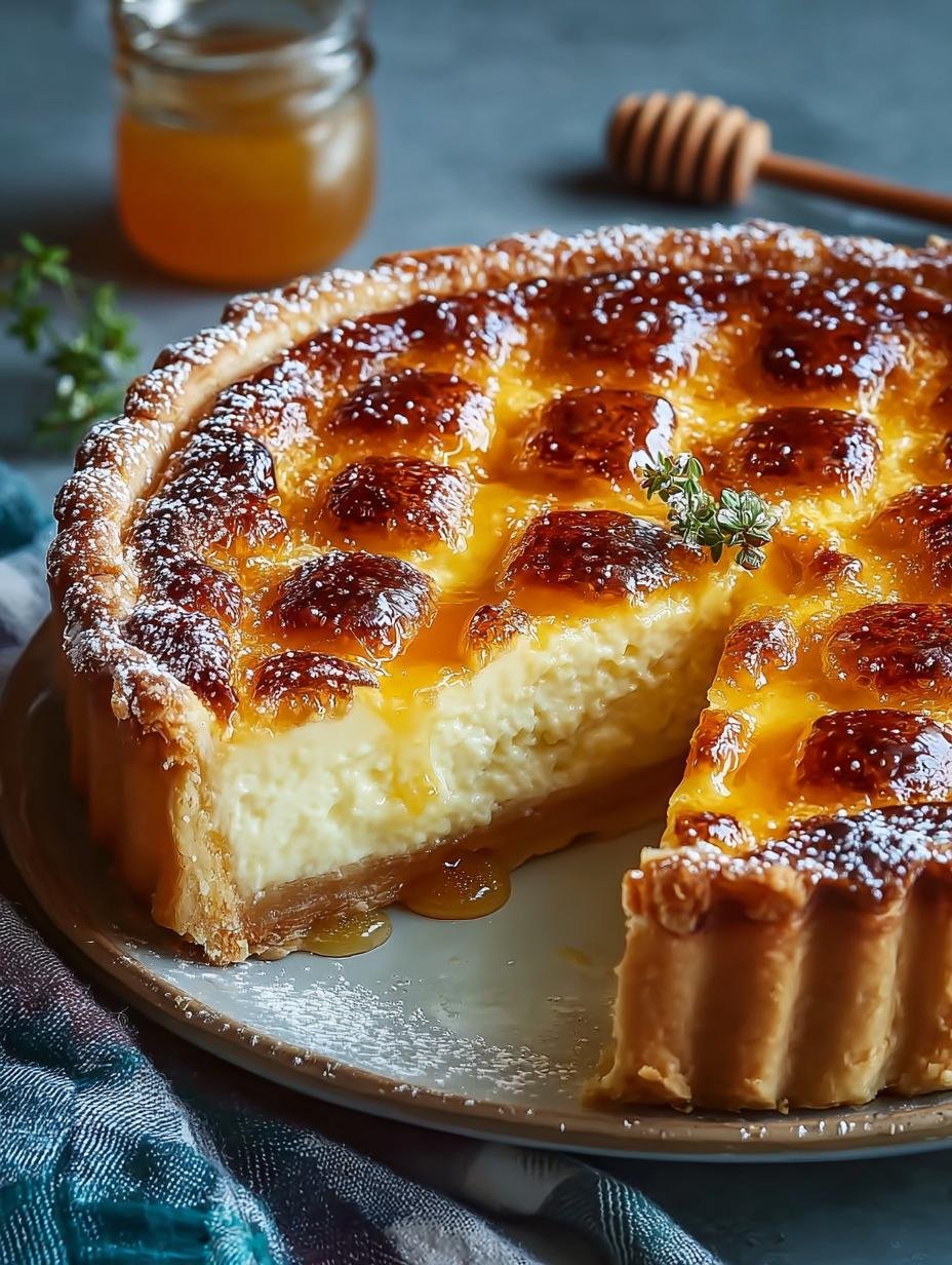 Een perfect gesneden stuk Griekse Honing Ricotta Taart op een bord, met een gouden korst en romige vulling