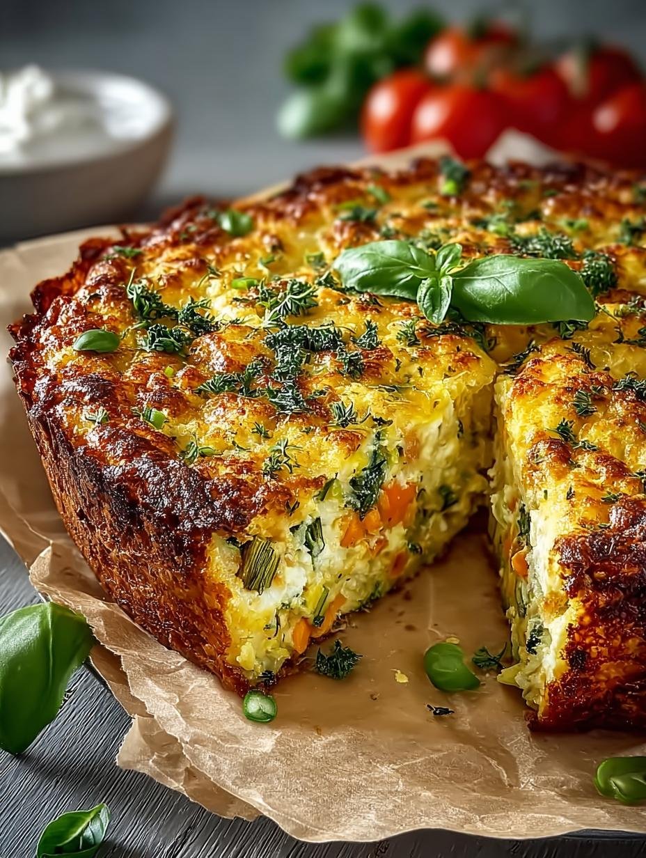 Heerlijke Herzhafter Gemuesekuchen Ohne Boden, een hartige groentetaart zonder deegbodem, vers uit de oven en klaar om te serveren.