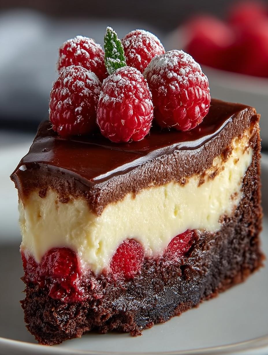 Verrukkelijke Himbeer Brownie Cheesecake Saftig met frambozen en chocolade, perfect gesneden op een bord