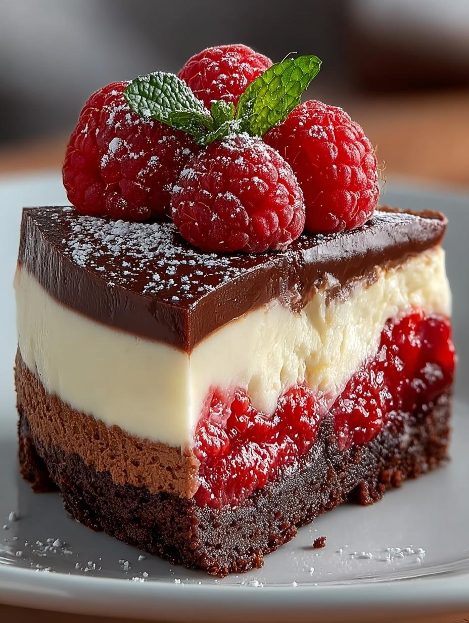 Close-up van een sappige Himbeer Brownie Cheesecake Saftig met frambozen en een romige textuur